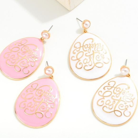 White Enamel Coated Happy Easter Egg Drop Earrings With Pearl Post - Picture 3 of 3